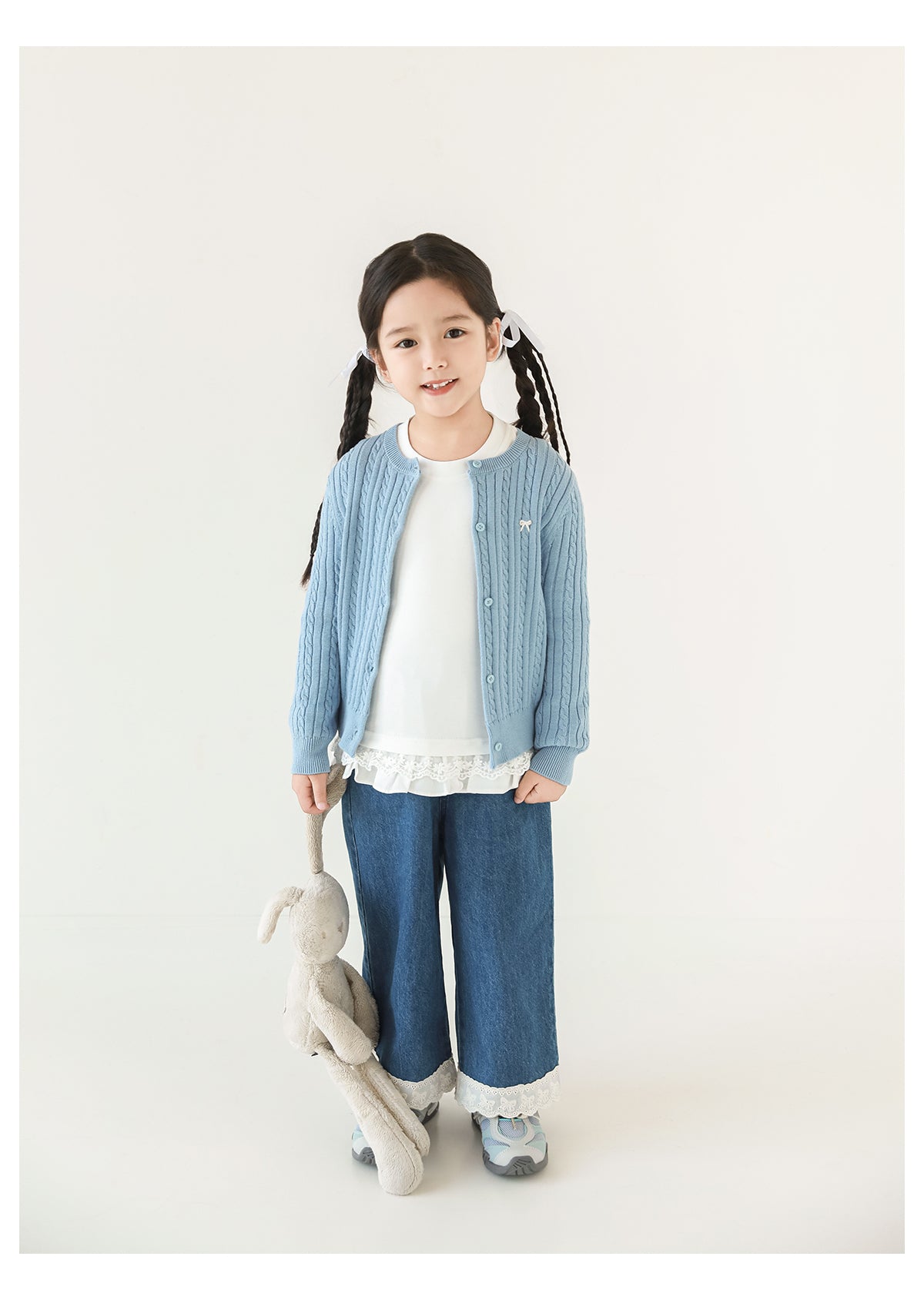 Girls Bow Embroidered Cable Knit Cardigan, Sky Blue