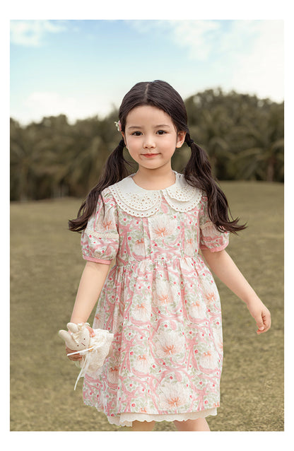 Girls Pink Floral Broderie Collar Puff-Sleeve Dress