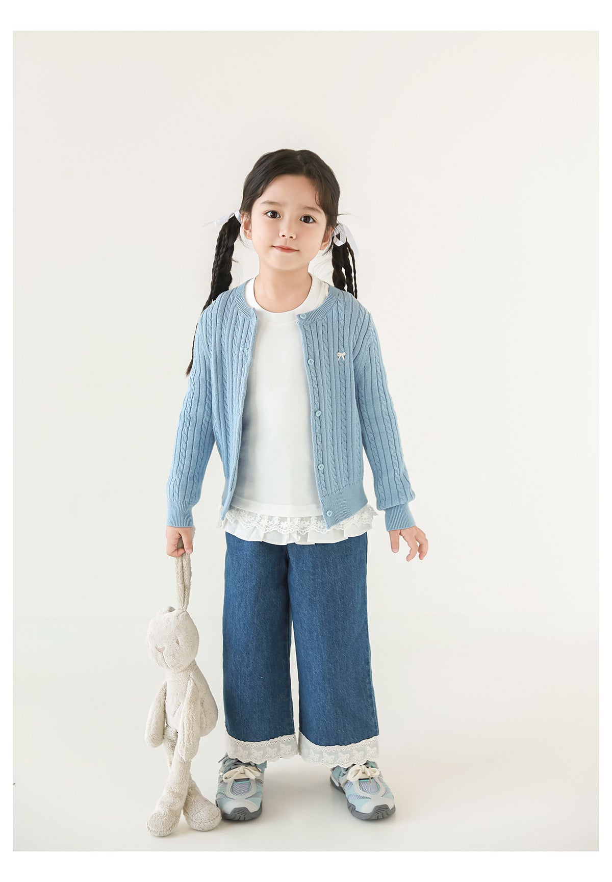 Girls Bow Embroidered Cable Knit Cardigan, Sky Blue