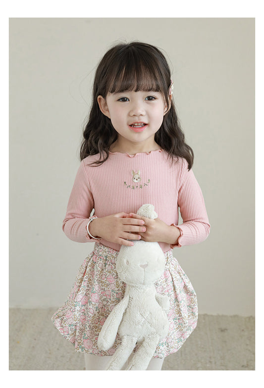 Baby Girl Ribbed Embroidered Top - Dusty Pink