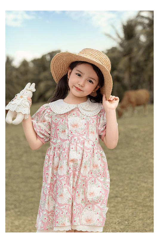 Girls Pink Floral Broderie Collar Puff-Sleeve Dress