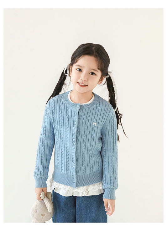 Girls Bow Embroidered Cable Knit Cardigan, Sky Blue