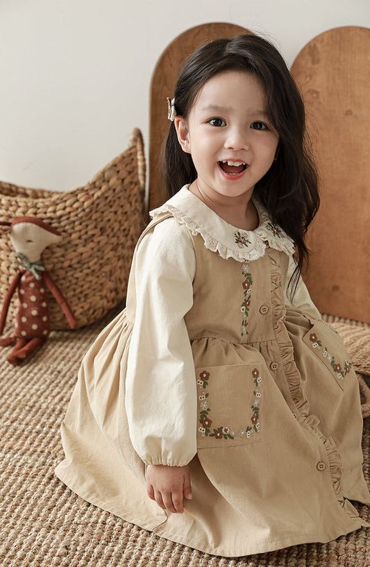Audrey Embroidered Pinafore Dress, Beige