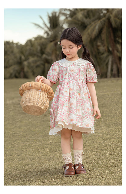 Girls Pink Floral Broderie Collar Puff-Sleeve Dress
