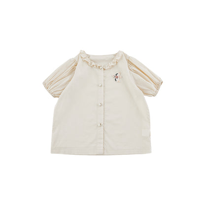 Girls button-down short sleeve shirt with ruffled neckline and dove embroidery