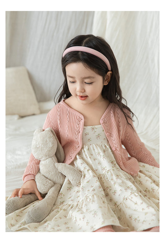 Girls elegant pointelle ribbed knit cardigan with coordinating buttons by Ava & Bear London