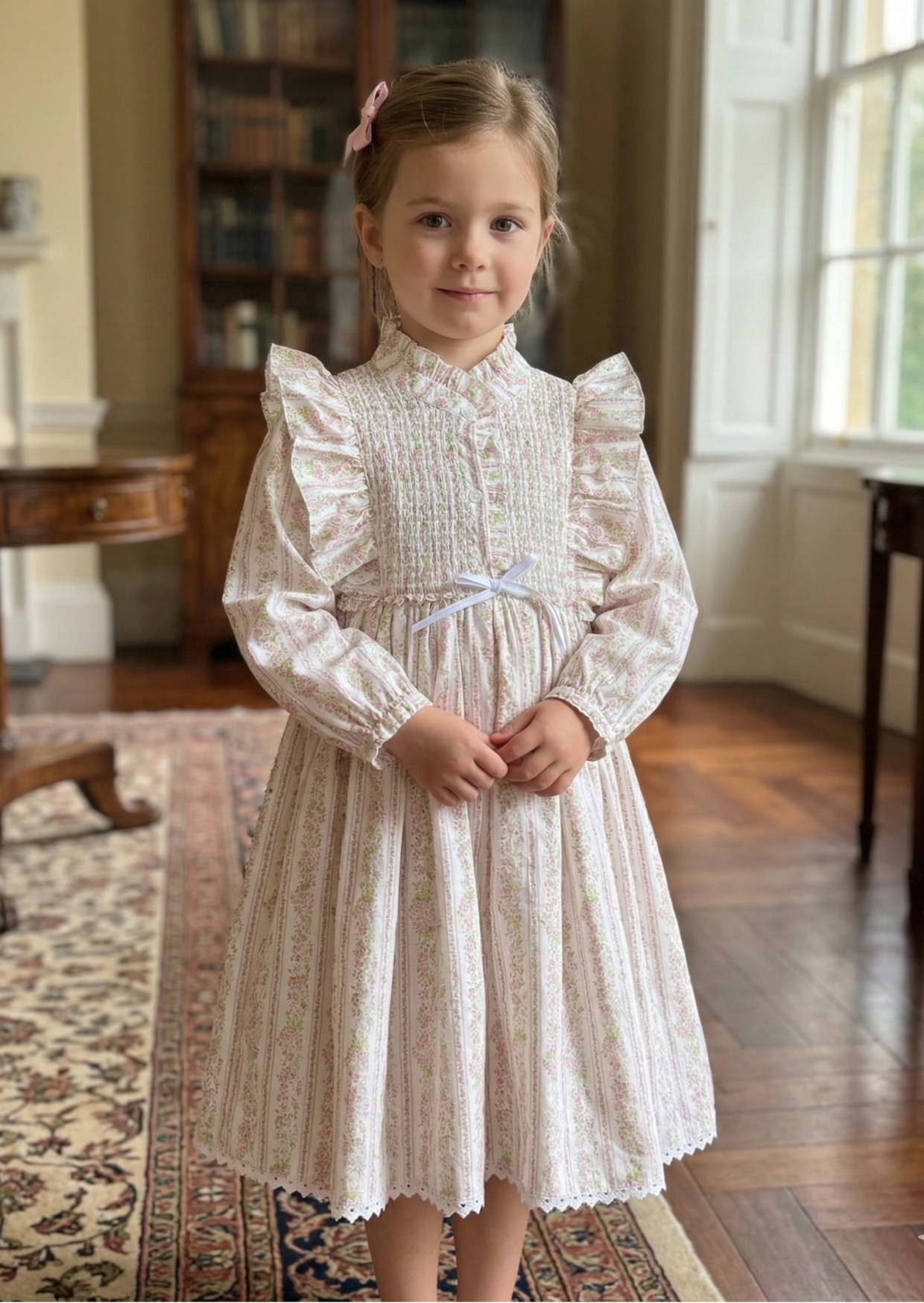 Rosalie Ruffled Smock Dress, Pink Floral Stripe