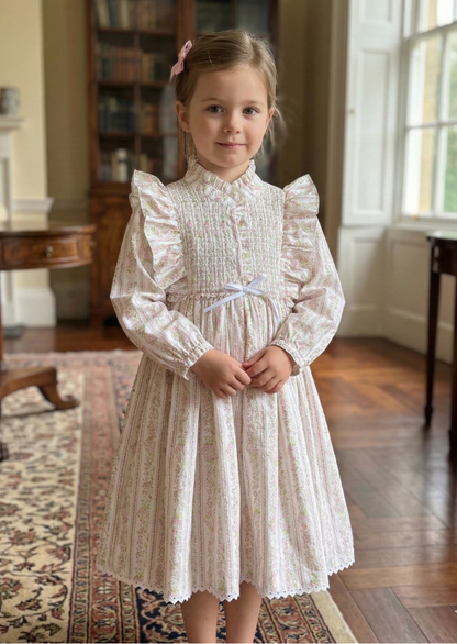 Rosalie Ruffled Smock Dress, Pink Floral Stripe