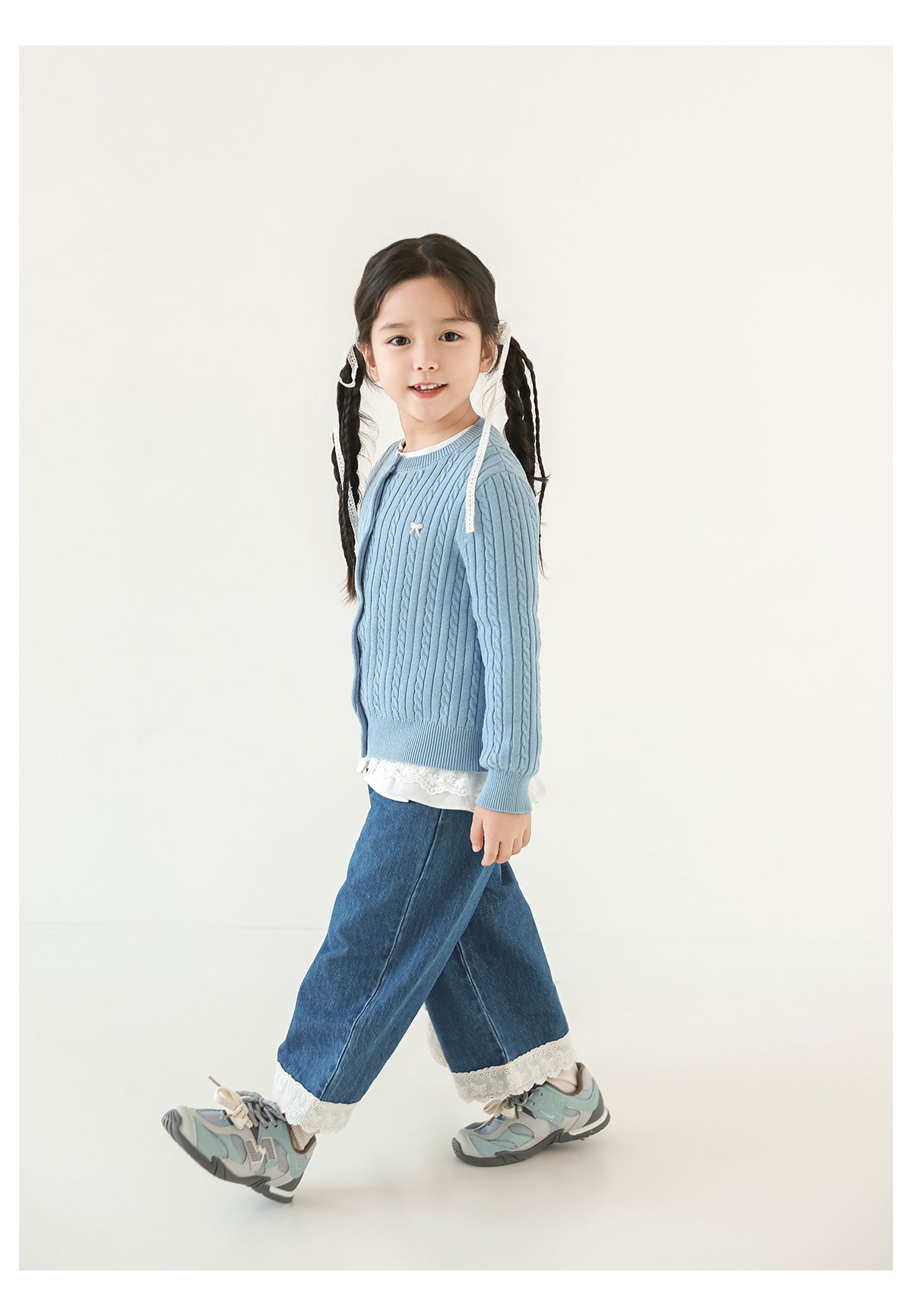 Girls Bow Embroidered Cable Knit Cardigan, Sky Blue