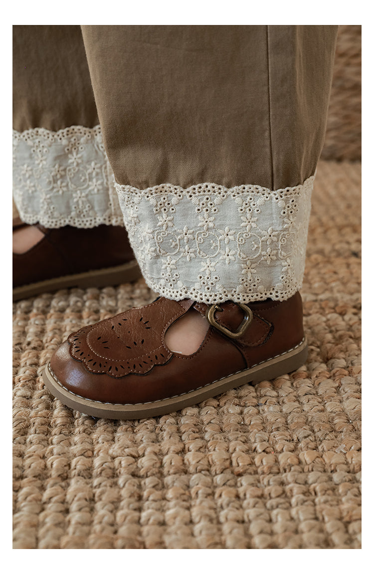 Girls Straight-Leg Lace Hem Trousers, Warm Beige