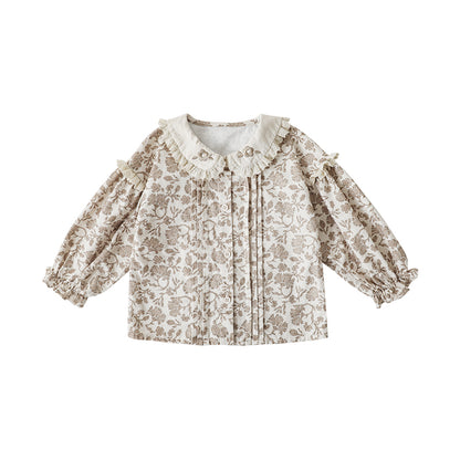 Girls button-down blouse with neutral floral print and lace collar