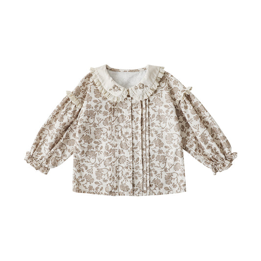 Girls button-down blouse with neutral floral print and lace collar