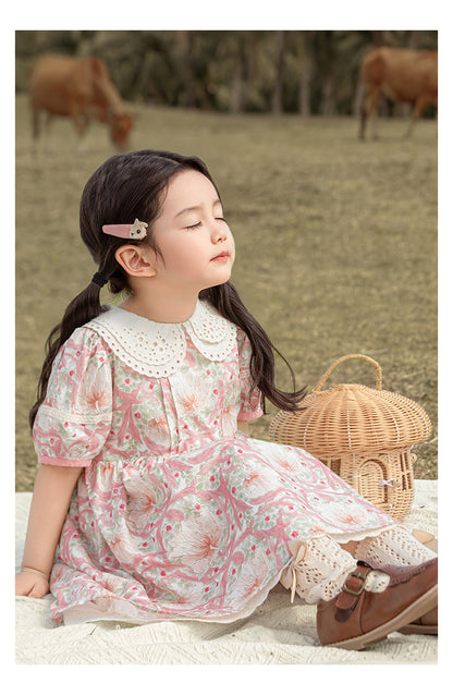Girls Pink Floral Broderie Collar Puff-Sleeve Dress