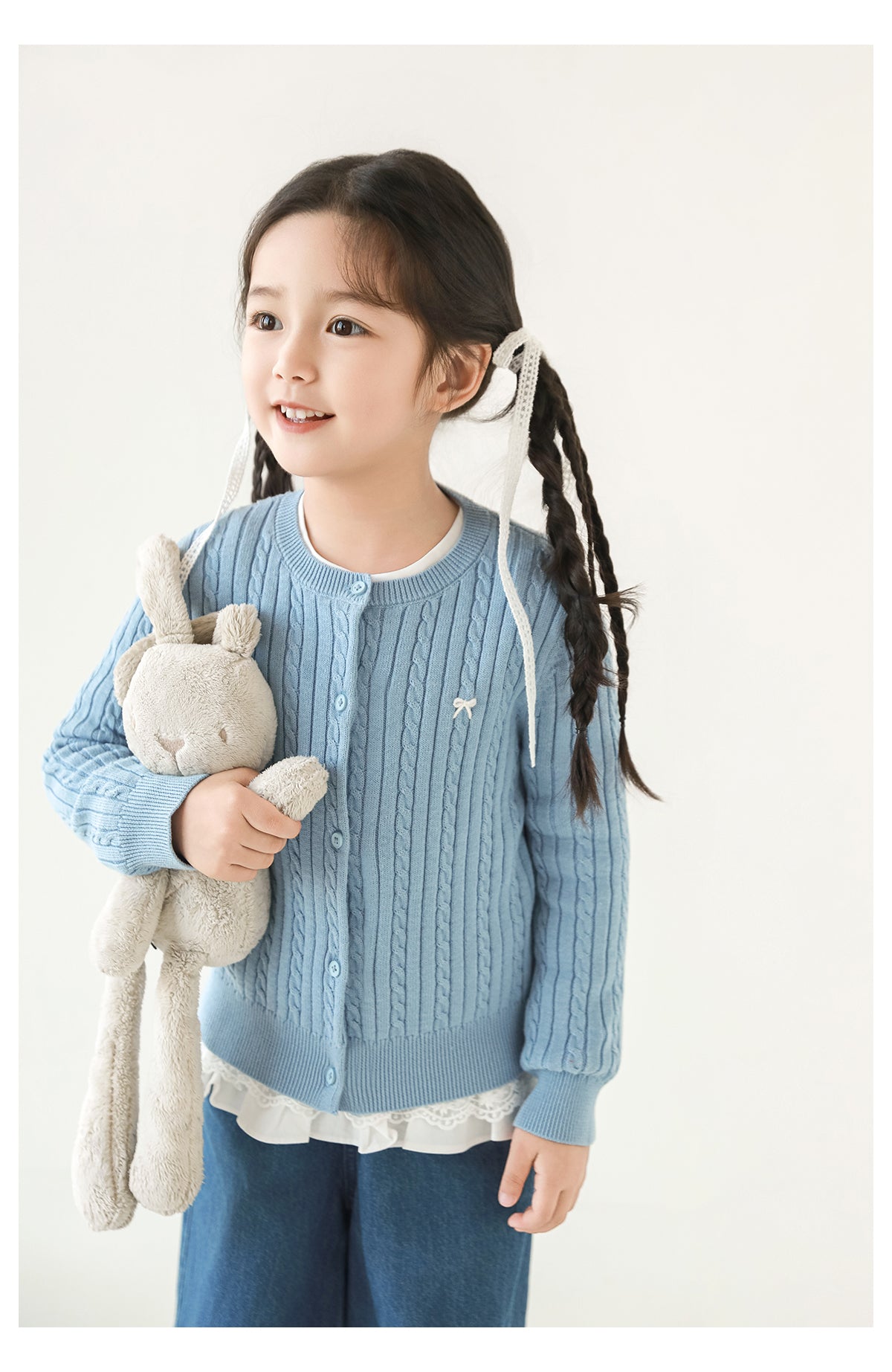 Girls Bow Embroidered Cable Knit Cardigan, Sky Blue