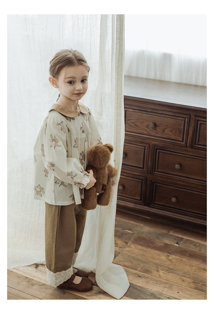 Girls Straight-Leg Lace Hem Trousers, Warm Beige