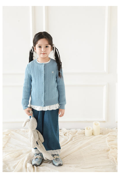 Girls Bow Embroidered Cable Knit Cardigan, Sky Blue