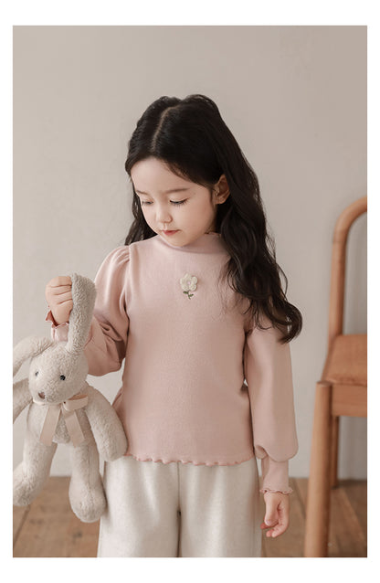 Girls Floral Embroidered Frill Trimmed Top, Misty Pink