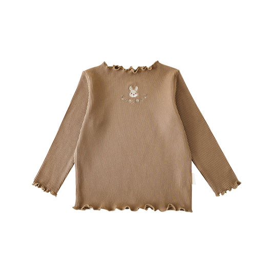 Girls ribbed top with bunny embroidery and frill trim in khaki by Ava & Bear London