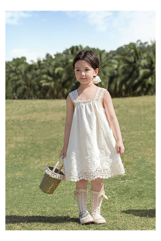 Girls Lace Strap Floral Embroidered Dress, Ivory White