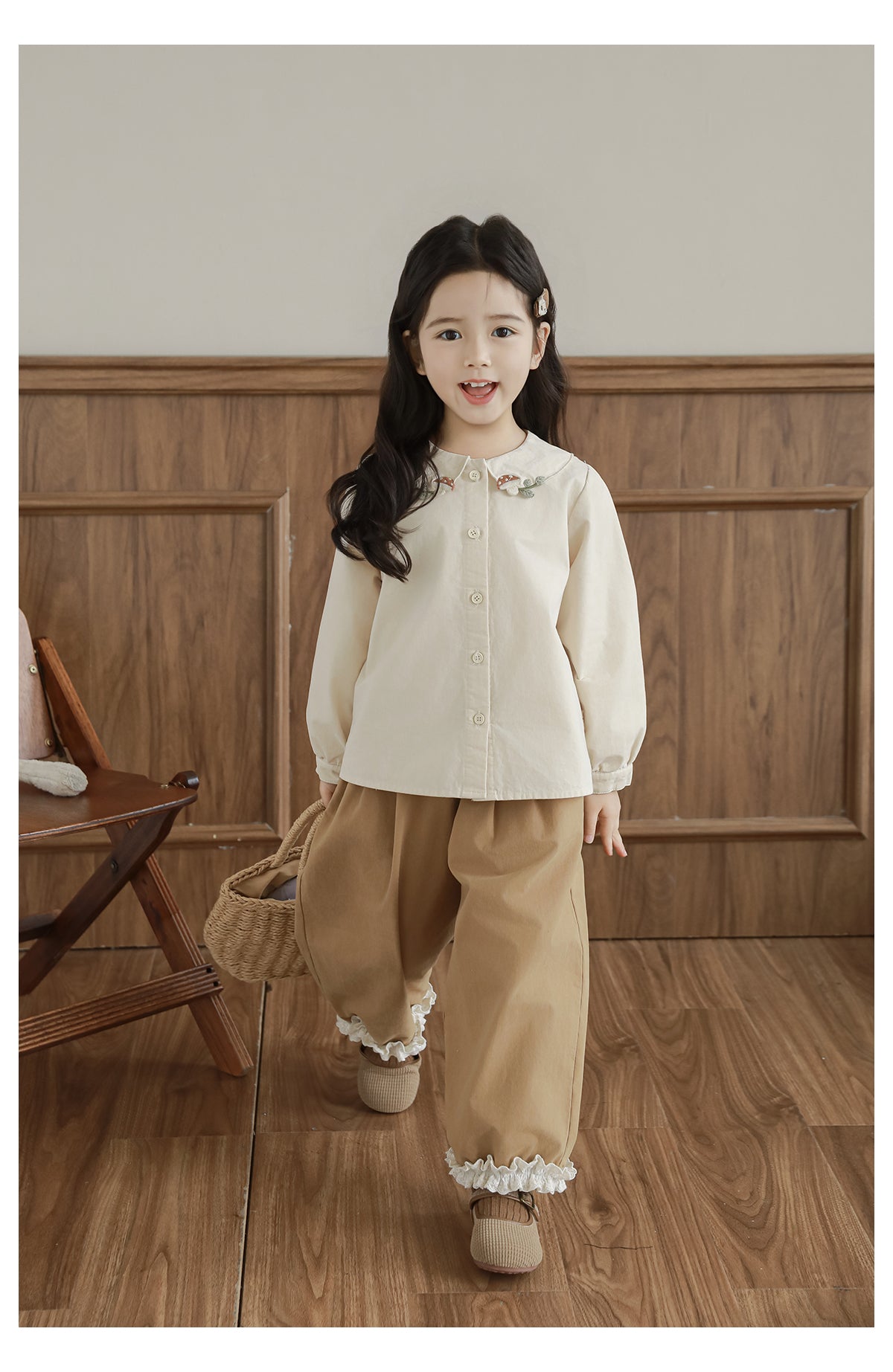 Girls Pleated Lace Hem Tapered Trousers, Camel