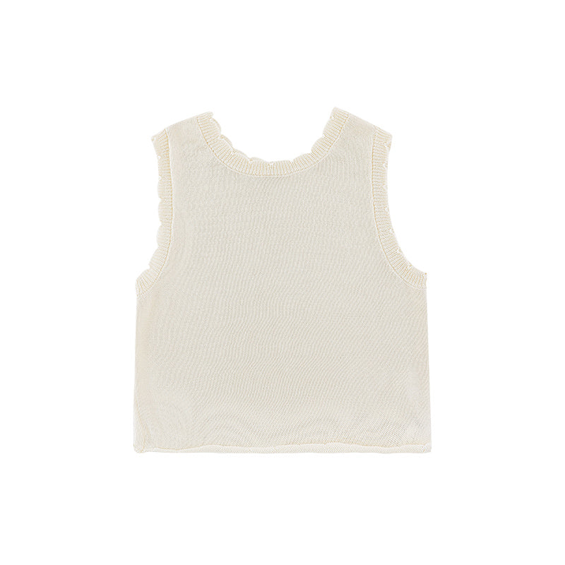 Girls ribbed lyocell tank top with scalloped collar and raw hem in butercream colour