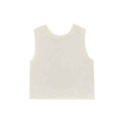 Girls ribbed lyocell tank top with scalloped collar and raw hem in butercream colour