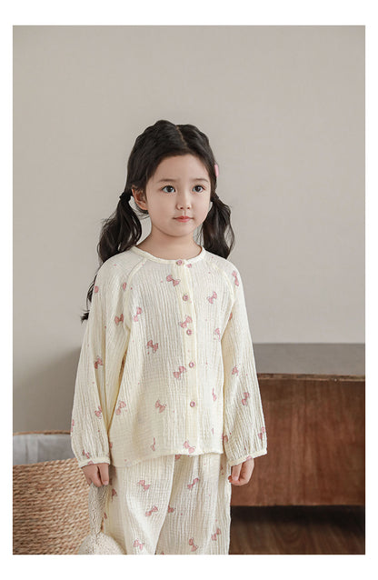 Girls Cotton Muslin Pyjama & Lounge Set, Pink Bow