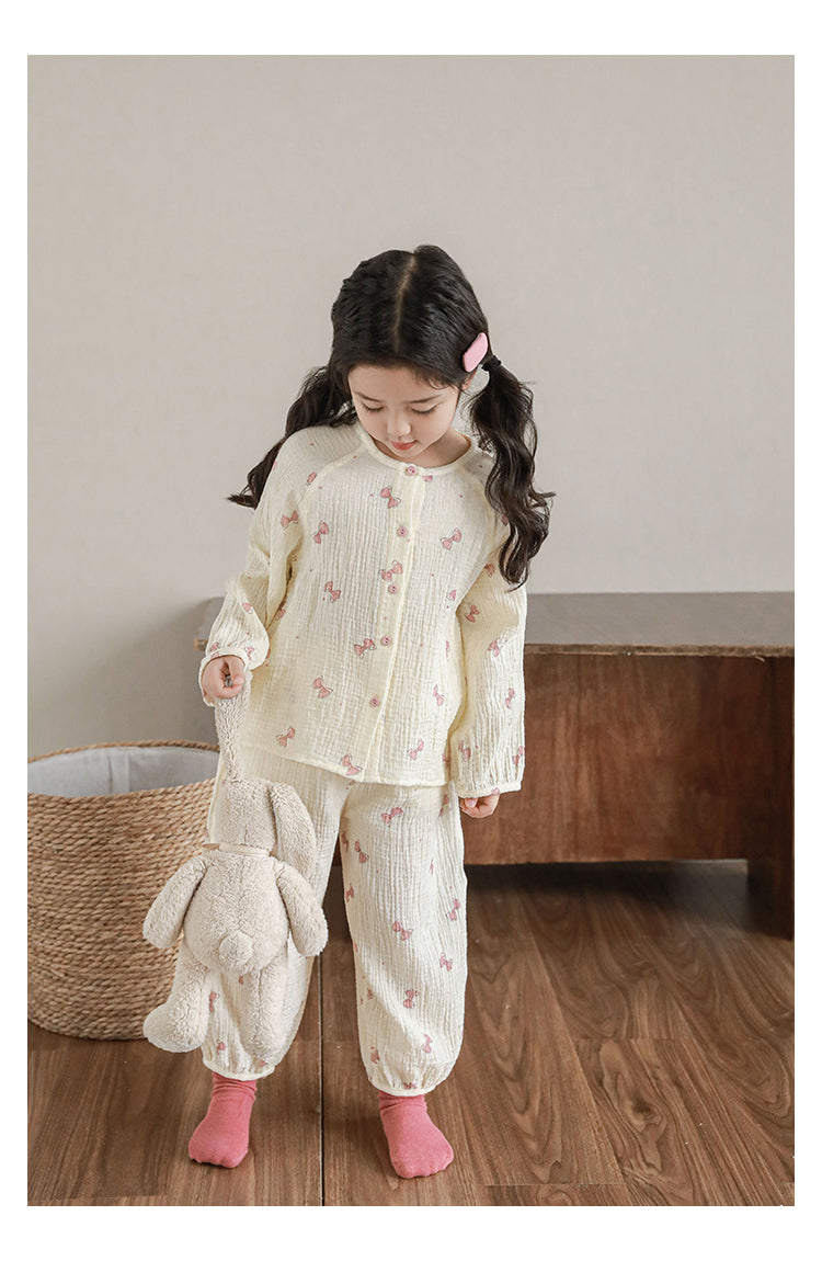 Girls Cotton Muslin Pyjama & Lounge Set, Pink Bow