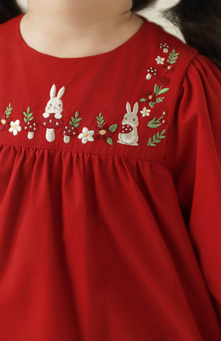 Girls Woodland Embroidered Dress, Berry Red