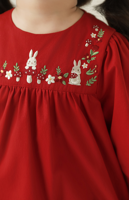 Girls Woodland Embroidered Dress, Berry Red