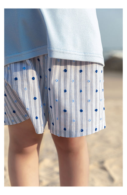 Ava & Bear London girls cotton shorts – breathable blue stripes with dotted detail