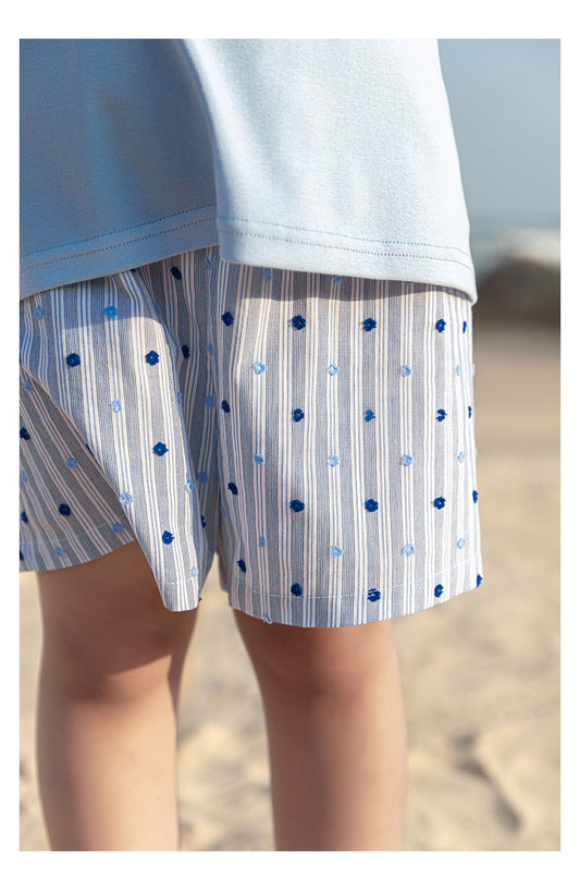 Ava & Bear London girls cotton shorts – breathable blue stripes with dotted detail