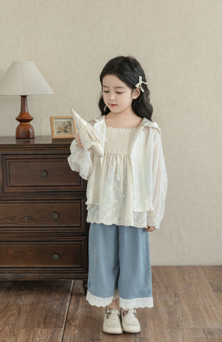 Girls Silky Floral Embroidered Jacket, Ivory