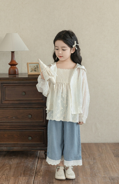 Girls Silky Floral Embroidered Jacket, Ivory