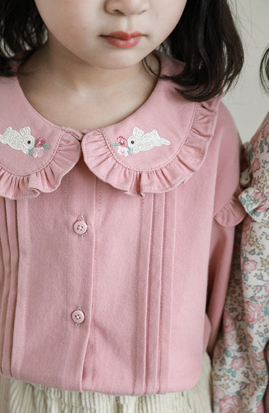 Embroidered Collar Ruffled Blouse, Dusty Rose