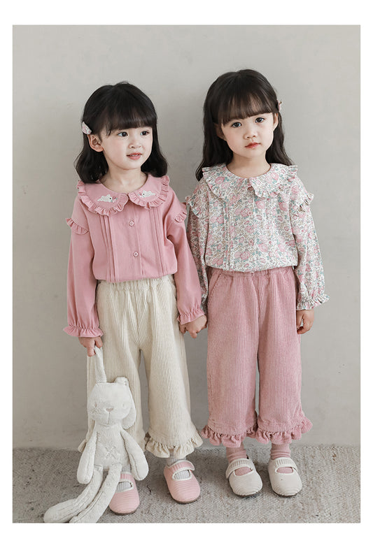 Girls Embroidered Ruffled Blouse - Pink