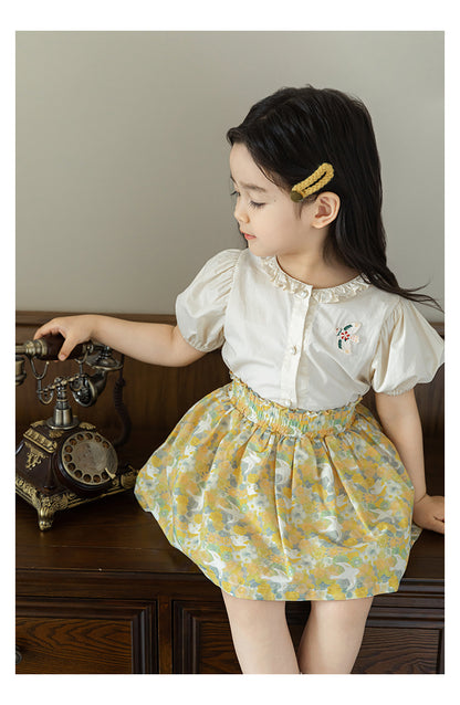 Girls Embroidered Ruffled Button-Down Blouse, Pearl