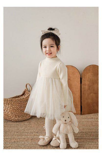 Girls Ribbed Cotton Chiffon Tulle Dress, Cream