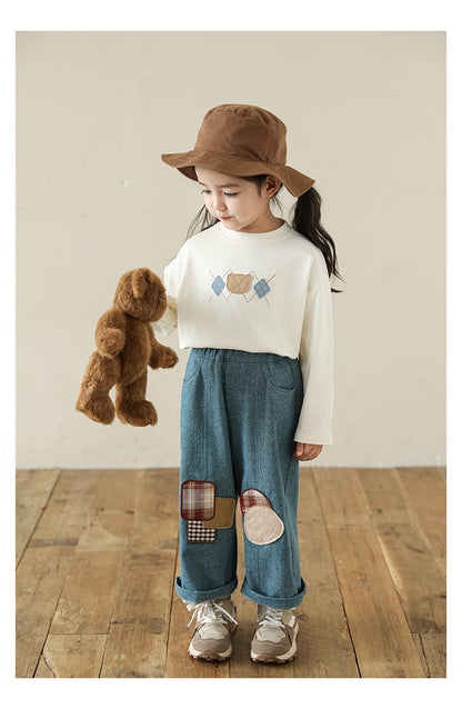 Girls Bear Patch Long Sleeve Top, Ivory White