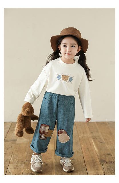 Girls Bear Patch Long Sleeve Top, Ivory White