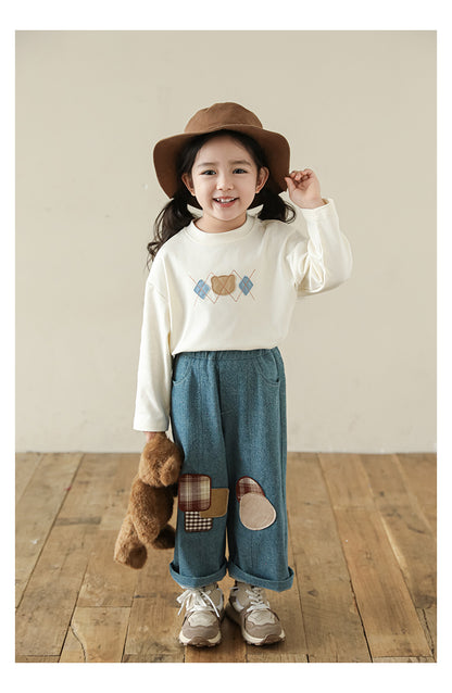 Girls Bear Patch Long Sleeve Top, Ivory White