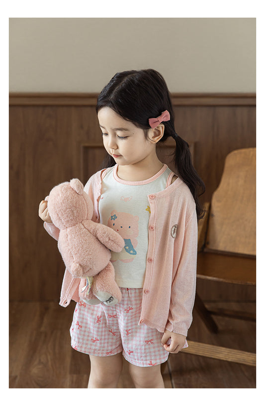 Baby Girl Bear Patch Lyocell Cardigan, Soft Pink