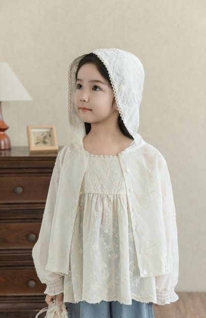 Girls Silky Floral Embroidered Jacket, Ivory