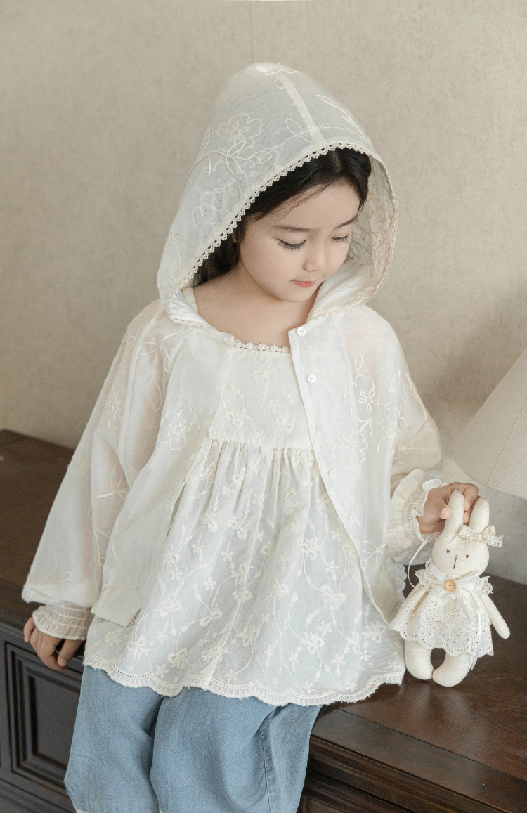 Girls Silky Floral Embroidered Jacket, Ivory