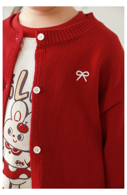 Girls Bow Embroidered Knit Cardigan, Berry Red