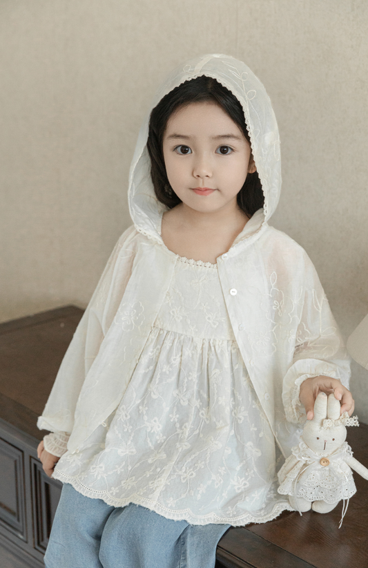 Girls Silky Floral Embroidered Jacket, Ivory