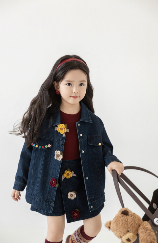 Girls Crochet Flower Denim Jacket