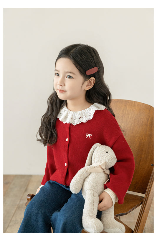 Girls Bow Embroidered Knit Cardigan, Berry Red