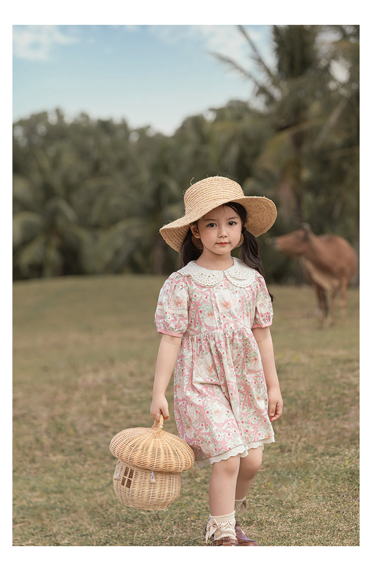 Girls Pink Floral Broderie Collar Puff-Sleeve Dress