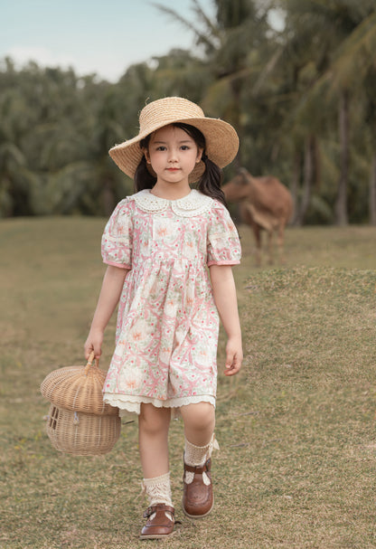 Girls Pink Floral Broderie Collar Puff-Sleeve Dress